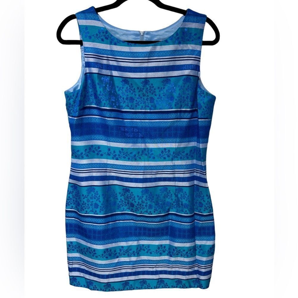 Vintage John Roberts Sleeveless Blue Mini Sheath Dress Stripes Flowers Floral